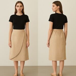 LOFT Gingham Seersucker Tan & White Checkered Skirt 12P